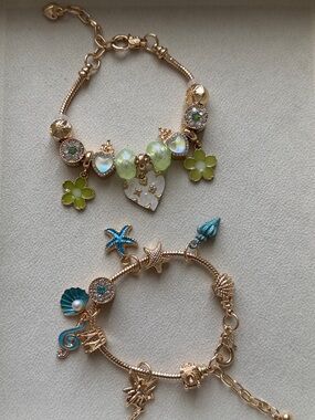 Gold-Tone Green & Turquoise Charm Bracelets- BUNDLE OF 2 Hypoallergenic Jewelry